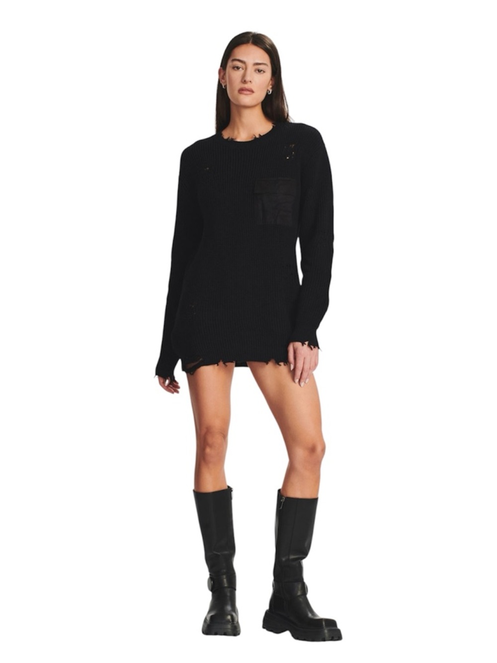 SER.O.YA Devin Black Distressed Oversized Knit Sweater Dress
